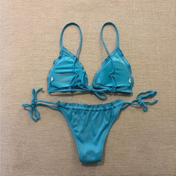 Its Now Cool Set Frill Tie Eco Bikini Top Bottom String Aqua Medium Small NEW - Picture 7 of 9
